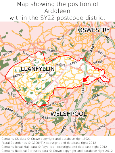 Map showing location of Arddleen within SY22