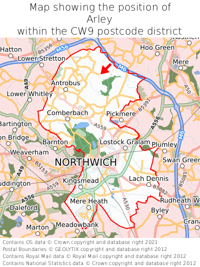 Map showing location of Arley within CW9