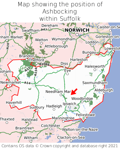 Map showing location of Ashbocking within Suffolk