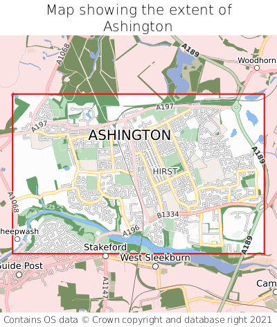 Map showing extent of Ashington as bounding box