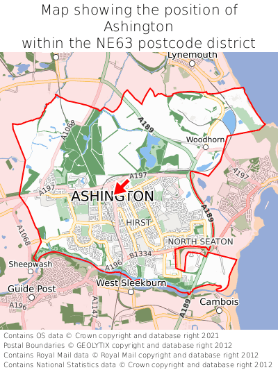 Map showing location of Ashington within NE63