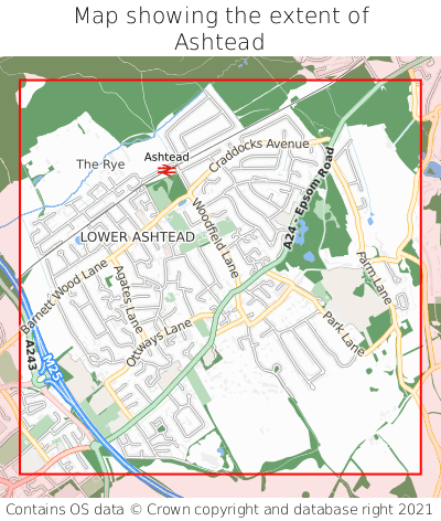 Map showing extent of Ashtead as bounding box