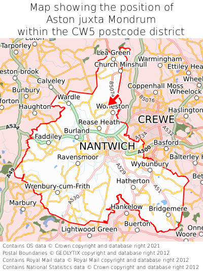 Map showing location of Aston juxta Mondrum within CW5