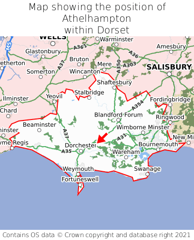 Map showing location of Athelhampton within Dorset