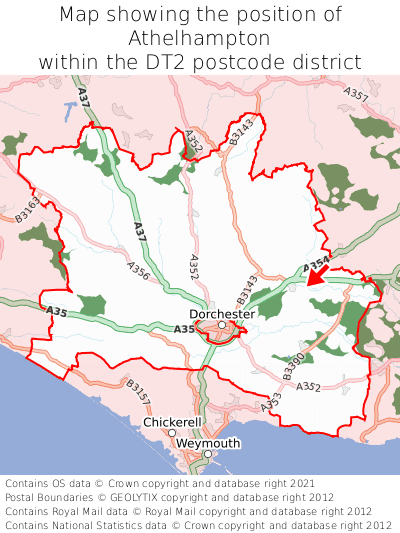 Map showing location of Athelhampton within DT2