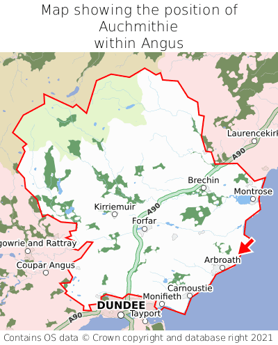 Map showing location of Auchmithie within Angus