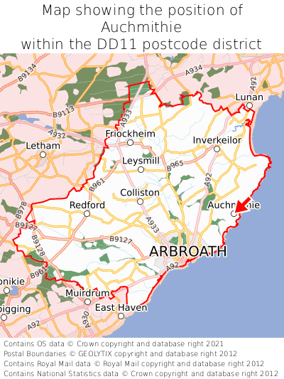 Map showing location of Auchmithie within DD11