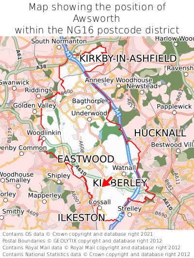 Map showing location of Awsworth within NG16