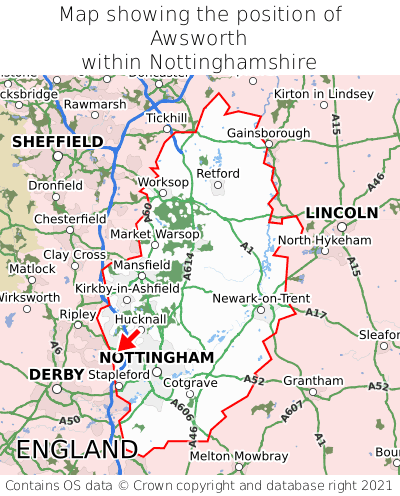 Map showing location of Awsworth within Nottinghamshire