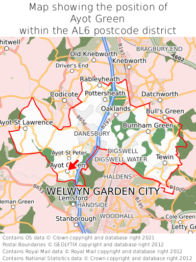 Map showing location of Ayot Green within AL6