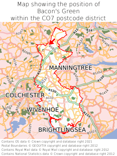 Map showing location of Bacon's Green within CO7