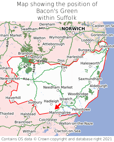 Map showing location of Bacon's Green within Suffolk