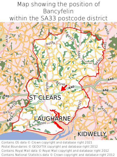 Map showing location of Bancyfelin within SA33