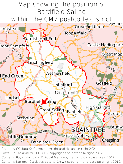 Map showing location of Bardfield Saling within CM7