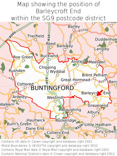 Map showing location of Barleycroft End within SG9