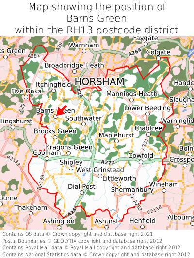 Map showing location of Barns Green within RH13