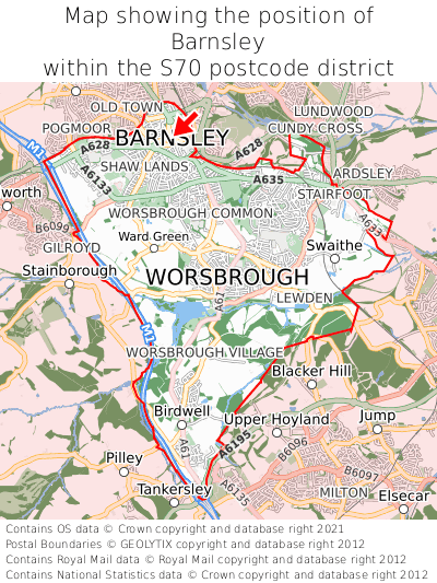 Map showing location of Barnsley within S70