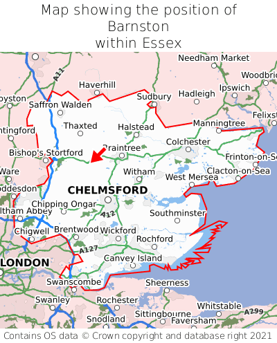Map showing location of Barnston within Essex