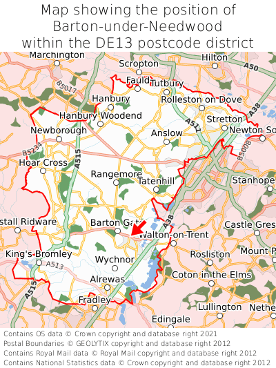 Map showing location of Barton-under-Needwood within DE13