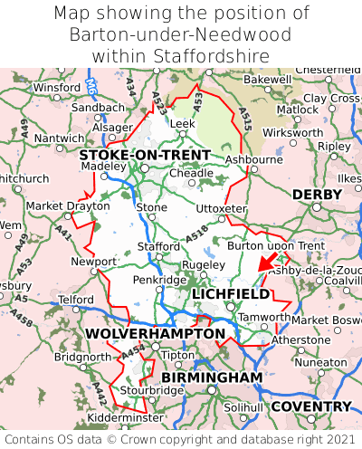Map showing location of Barton-under-Needwood within Staffordshire