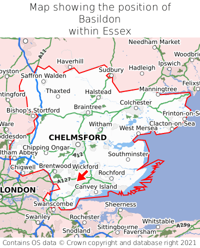 Map showing location of Basildon within Essex