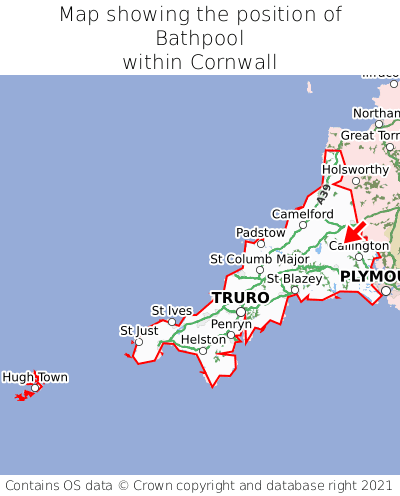 Map showing location of Bathpool within Cornwall