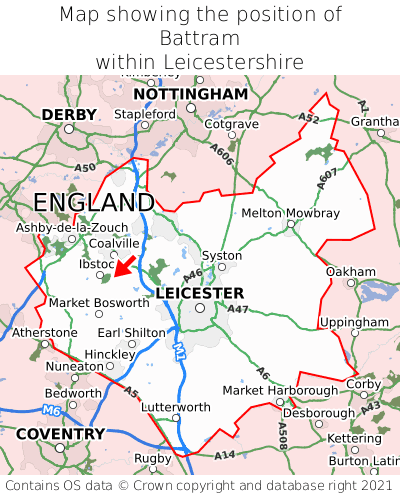 Map showing location of Battram within Leicestershire