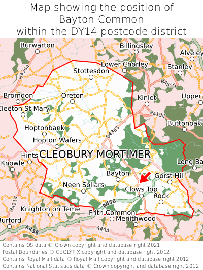 Map showing location of Bayton Common within DY14