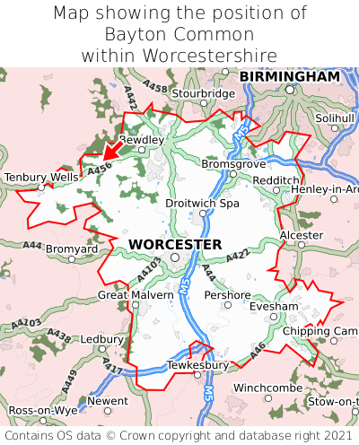 Map showing location of Bayton Common within Worcestershire