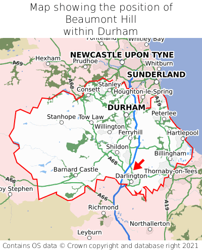 Map showing location of Beaumont Hill within Durham