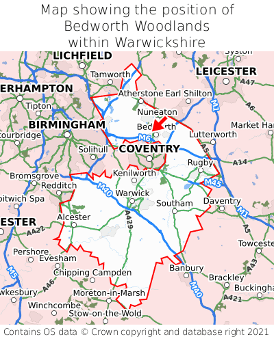 Map showing location of Bedworth Woodlands within Warwickshire