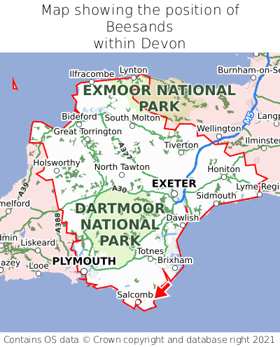 Map showing location of Beesands within Devon