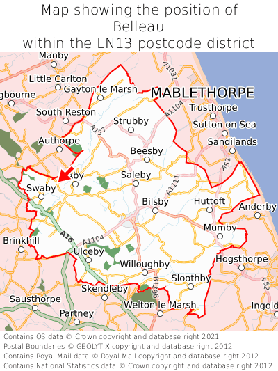 Map showing location of Belleau within LN13