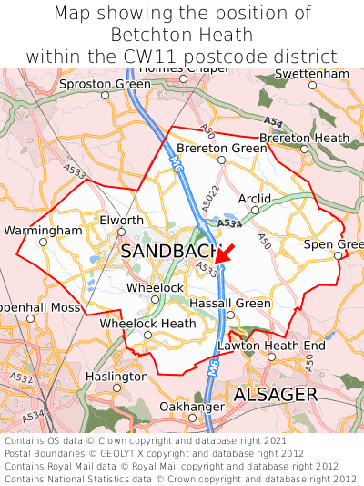 Map showing location of Betchton Heath within CW11