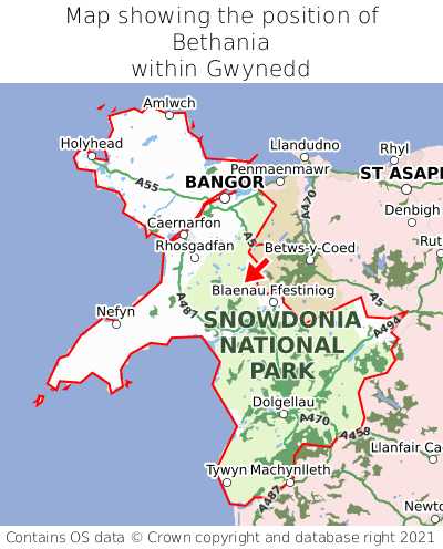 Map showing location of Bethania within Gwynedd