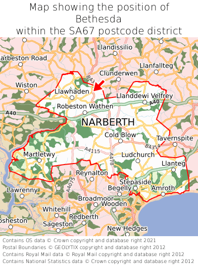 Map showing location of Bethesda within SA67