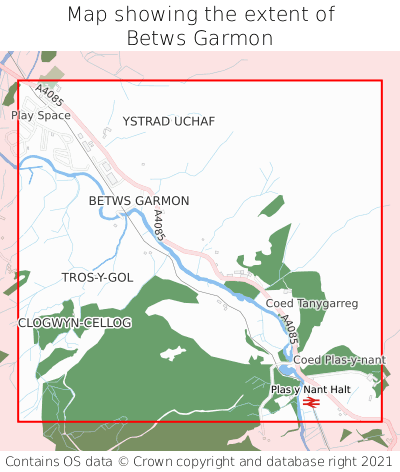 Map showing extent of Betws Garmon as bounding box