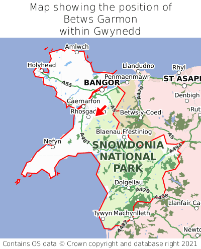 Map showing location of Betws Garmon within Gwynedd