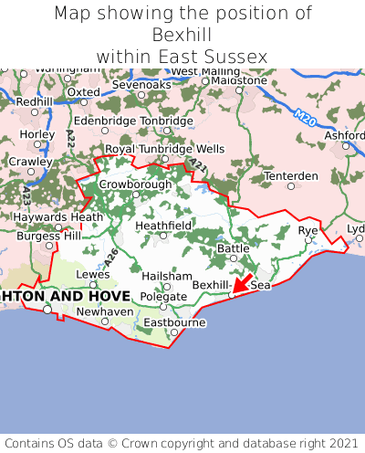 Map showing location of Bexhill within East Sussex
