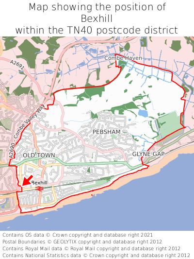 Map showing location of Bexhill within TN40