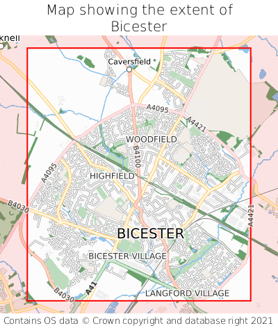 Map showing extent of Bicester as bounding box