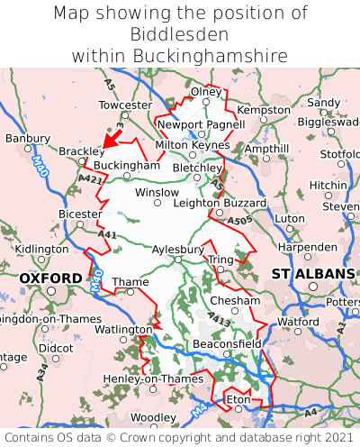 Map showing location of Biddlesden within Buckinghamshire