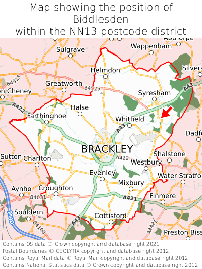 Map showing location of Biddlesden within NN13