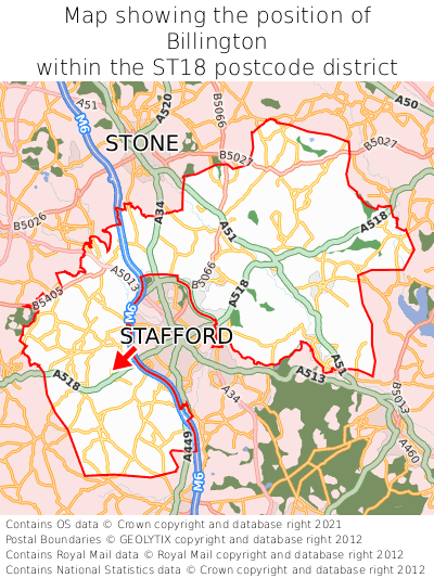 Map showing location of Billington within ST18