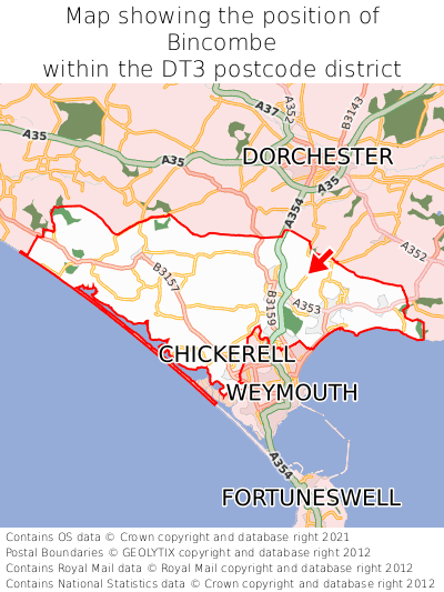 Map showing location of Bincombe within DT3