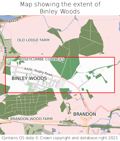 Map showing extent of Binley Woods as bounding box