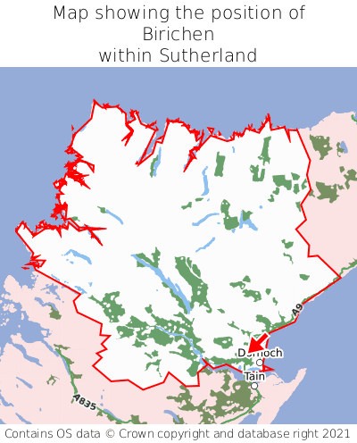 Map showing location of Birichen within Sutherland