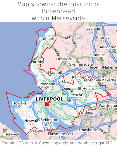Map showing location of Birkenhead within Merseyside