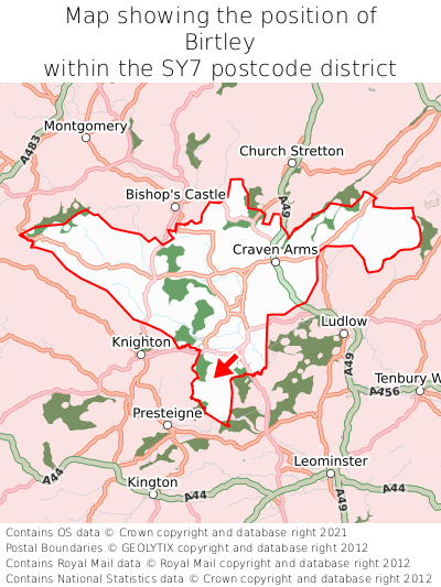 Map showing location of Birtley within SY7
