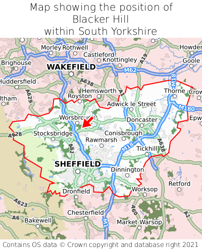 Map showing location of Blacker Hill within South Yorkshire